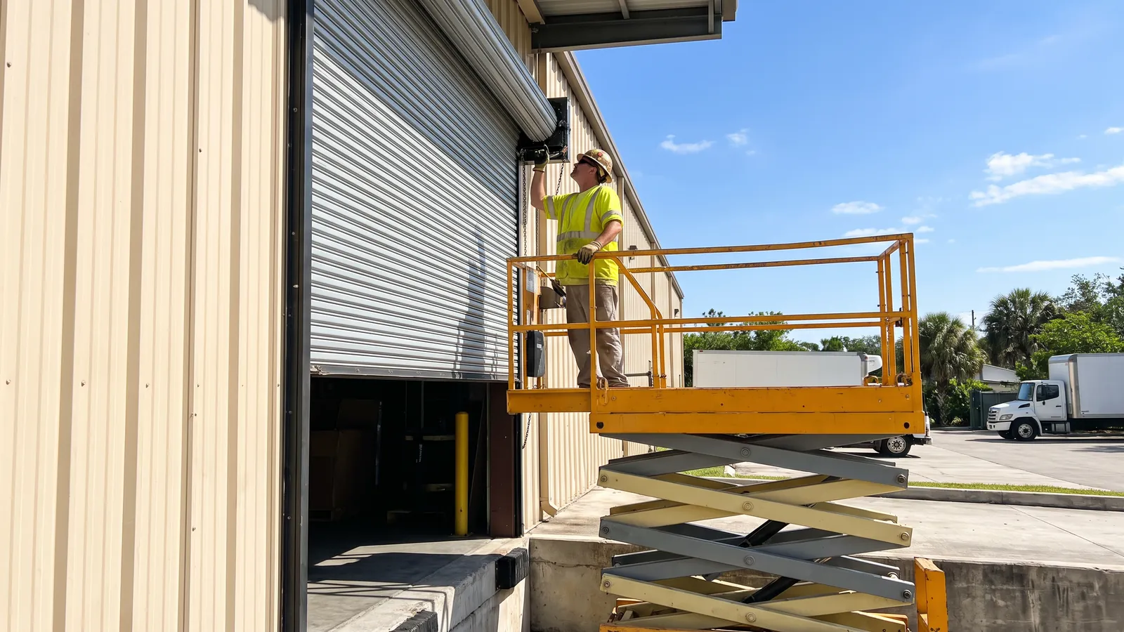 Technician on a lift servicing a wide steel roll-up door at a warehouse bay in a Port St. Lucie industrial park