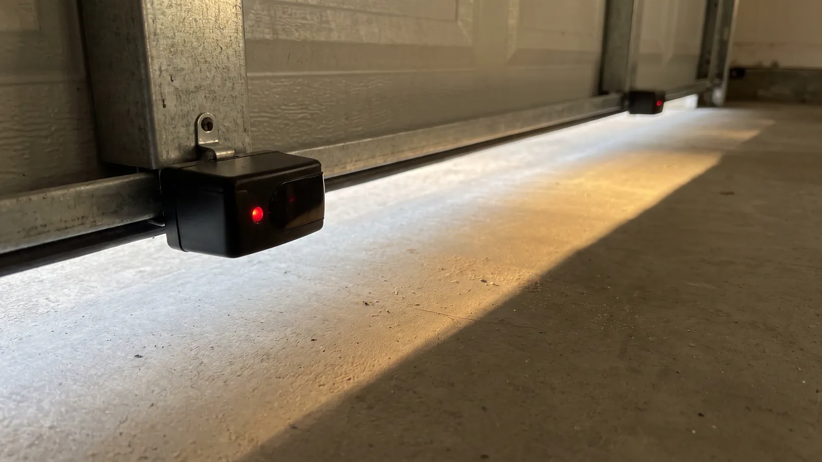 Photo-eye safety sensor on a garage door track a few inches above a concrete floor, its indicator lit, with sunlight across the floor
