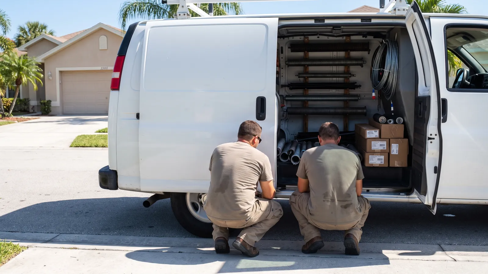 Two garage door technicians at the open side door of their service van on a residential street in Port St. Lucie, springs and rollers racked inside