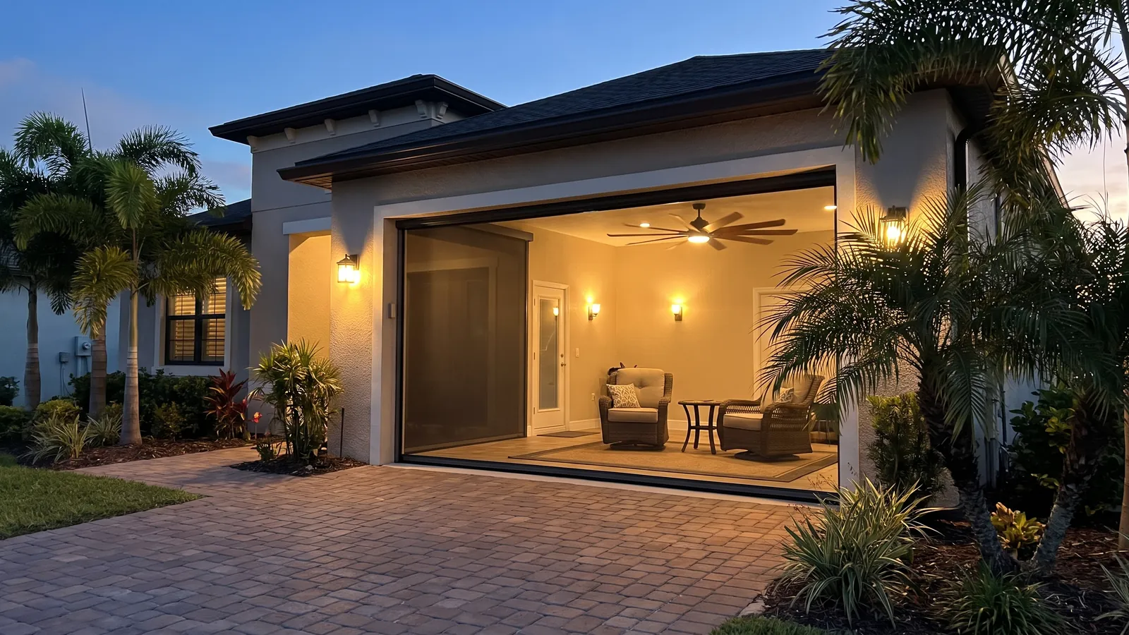 Retractable screen drawn across an open two-car garage in Port St. Lucie, a ceiling fan turning and patio chairs set out behind the mesh