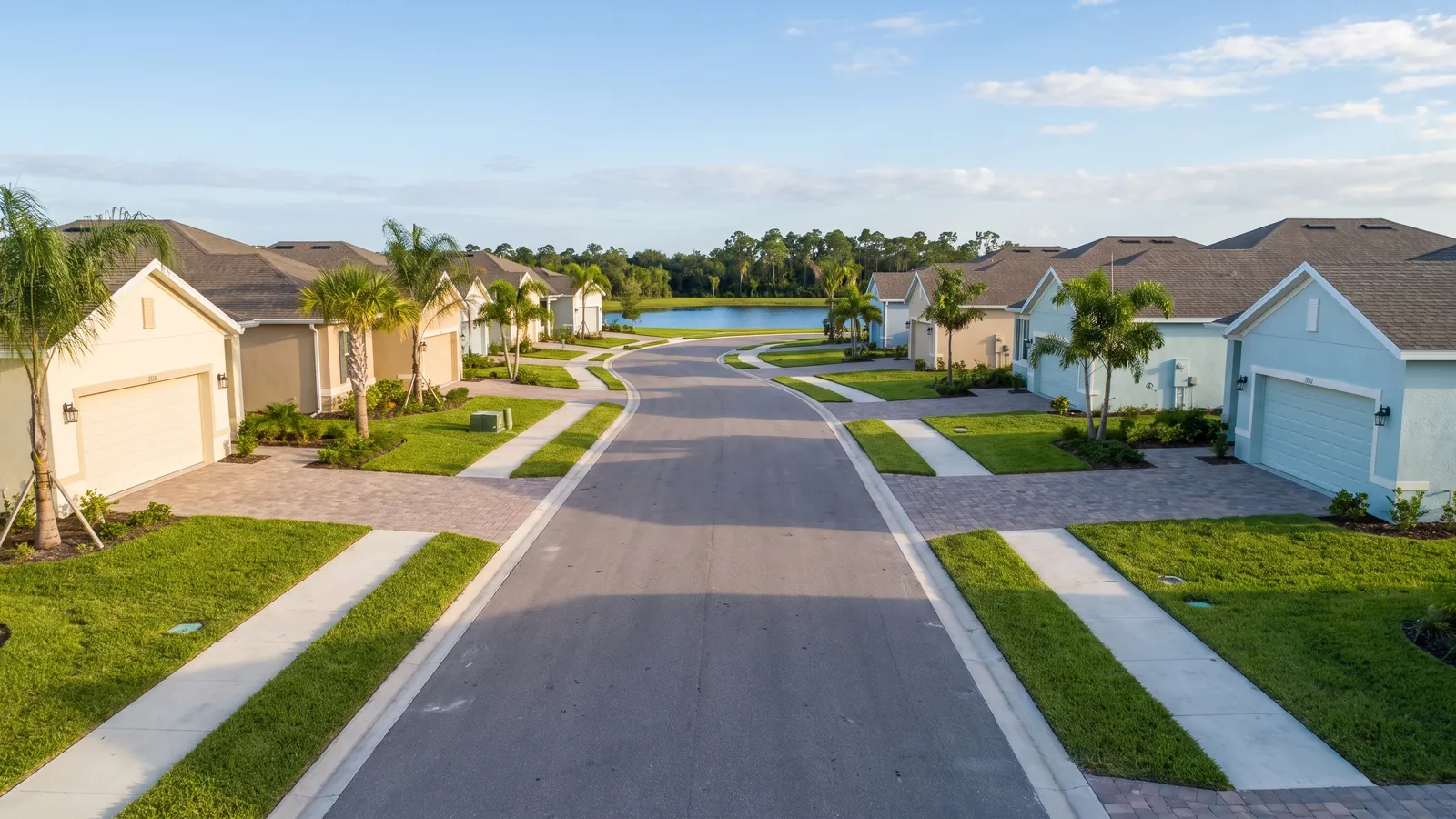 Sunny street in Tradition, Port St. Lucie, with pastel one-story homes, matching two-car garage doors, paver drives and young palms